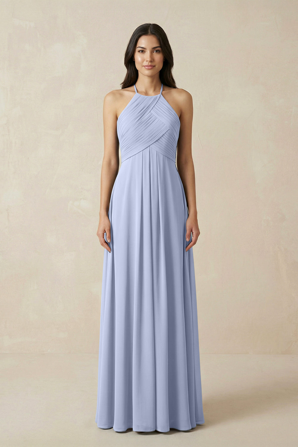 A-Line Halter Neck Pleated Chiffon Bridesmaid Dress in Ice