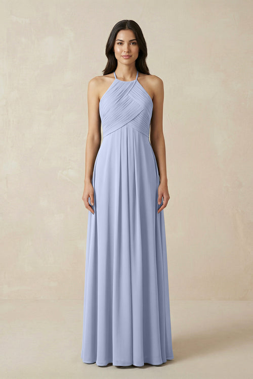 Ice A-Line Halter Neck Pleated Chiffon Bridesmaid Dress | KISSBRIDAL