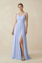 Ice A-Line Pleated Chiffon Long Bridesmaid Dress | KISSBRIDAL
