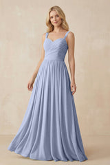Ice A-Line Pleated Long Chiffon Bridesmaid Dress | KISSBRIDAL