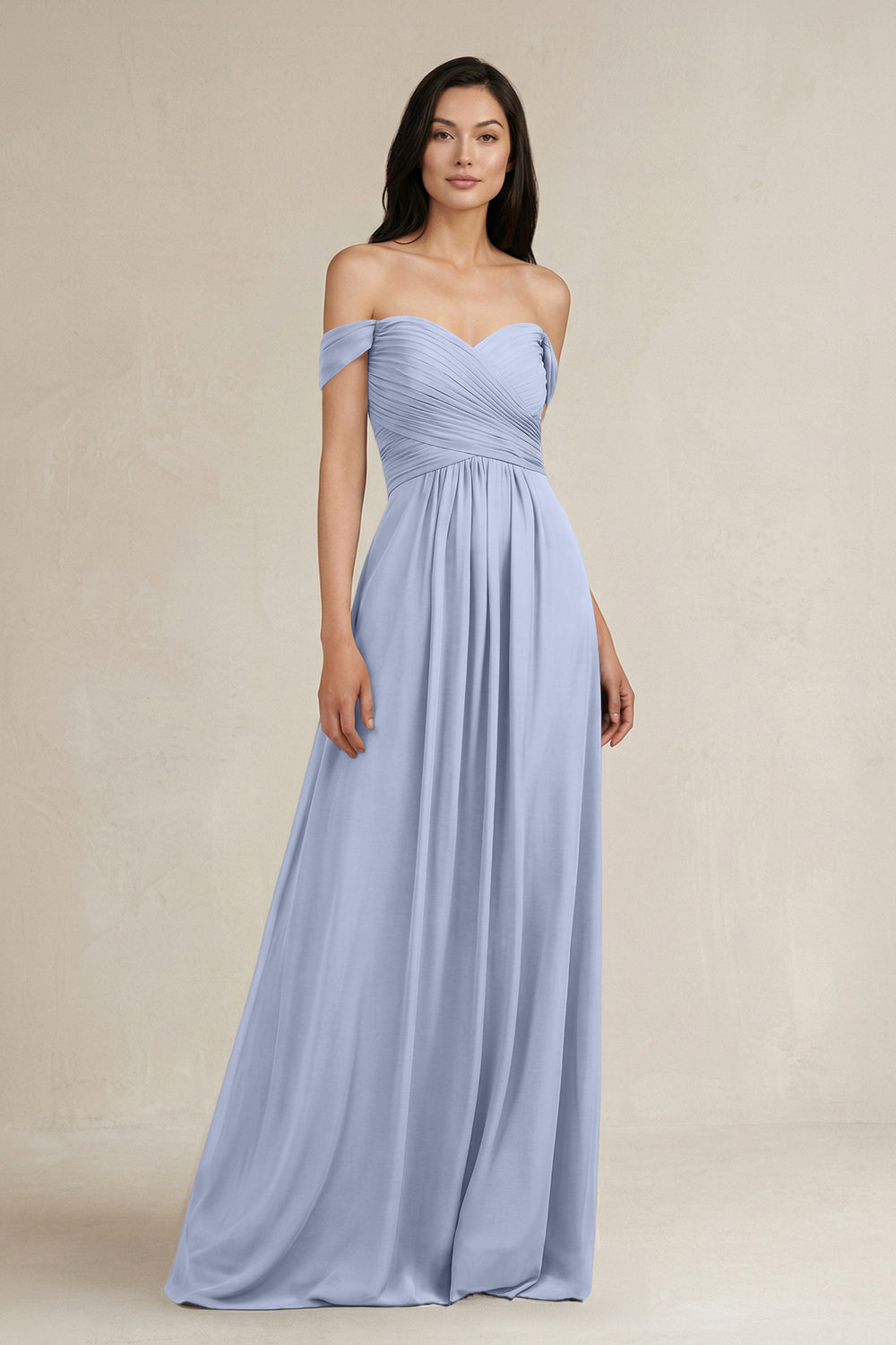 A-Line Pleated Off-the-Shoulder Chiffon Bridesmaid Dress in Ice