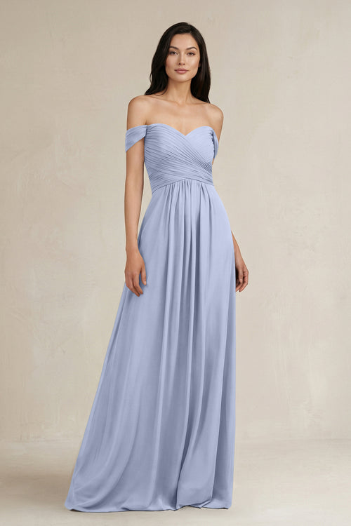 Ice A-Line Pleated Off-the-Shoulder Chiffon Bridesmaid Dress | KISSBRIDAL