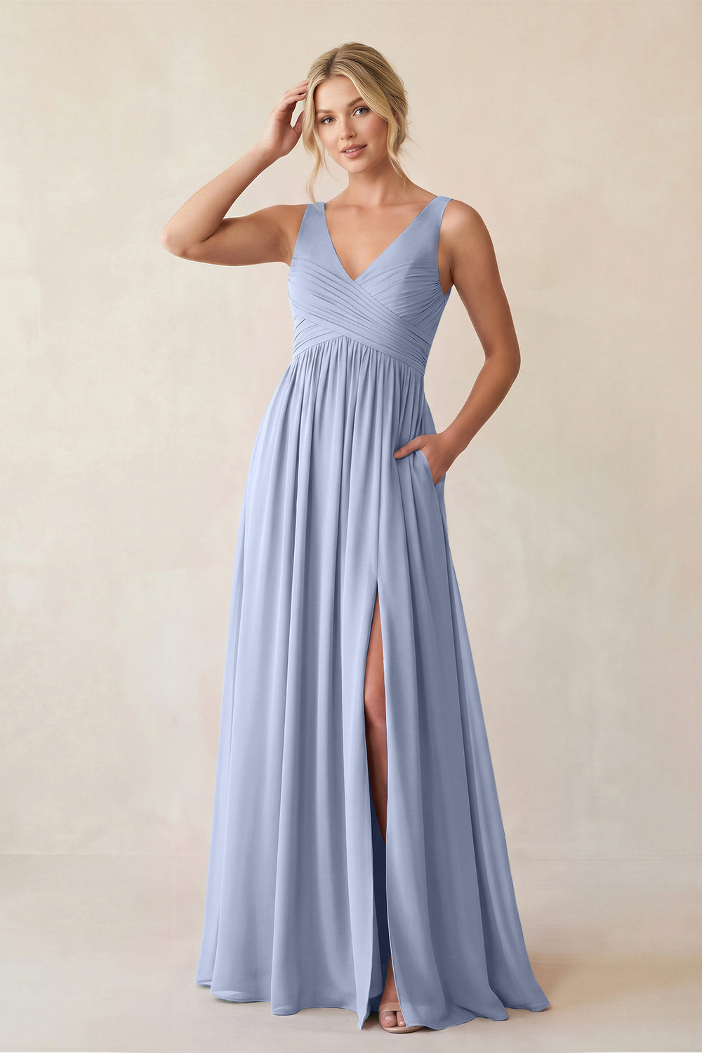 A-Line V-Neck Pleated Chiffon Bridesmaid Dress in Ice