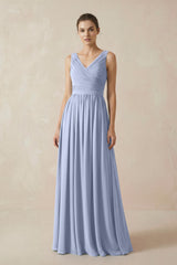 Ice A-Line V-Neck Pleated Chiffon Bridesmaid Dress | KISSBRIDAL
