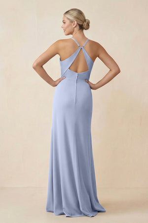 Ice Cami Strap Sheath Ruched Bridesmaid Dress With Slit (2) | KISSBRIDAL