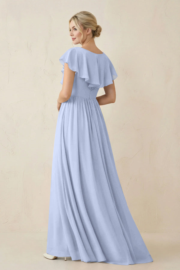 Ice Cap Sleeve A-Line Ruffled Chiffon Bridesmaid Dress (2) | KISSBRIDAL