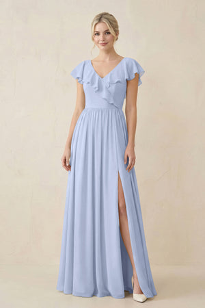 Ice Cap Sleeve A-Line Ruffled Chiffon Bridesmaid Dress | KISSBRIDAL