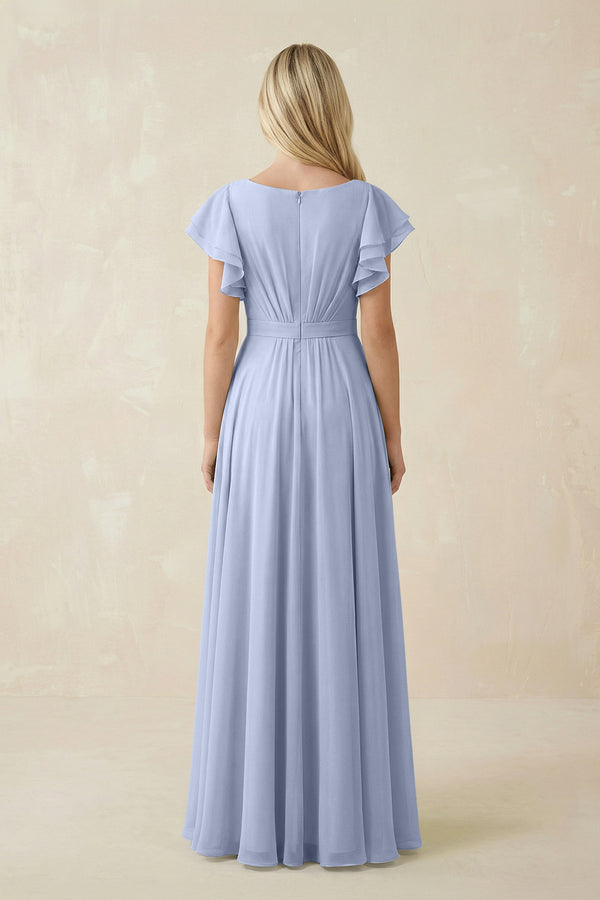 Ice Cap Sleeve Ruffled A-Line Chiffon Bridesmaid Dress (2) | KISSBRIDAL