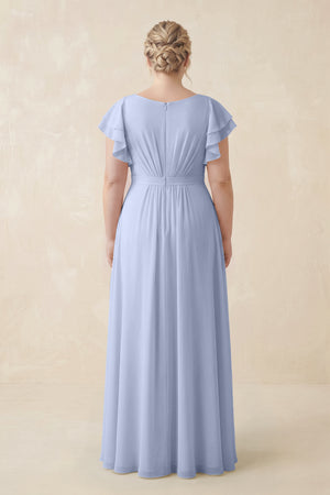 Ice Cap Sleeve Ruffled A-Line Chiffon Bridesmaid Dress (2) | KISSBRIDAL