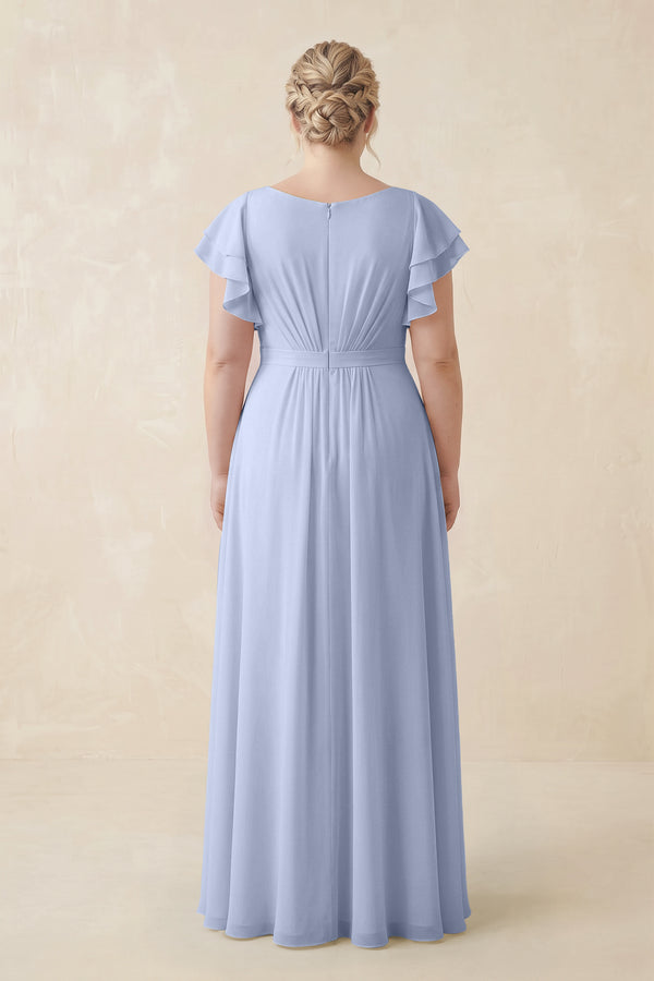 Ice Cap Sleeve Ruffled A-Line Chiffon Bridesmaid Dress (2) | KISSBRIDAL