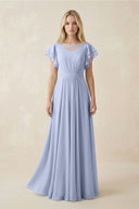 Ice Cap Sleeve Ruffled A-Line Chiffon Bridesmaid Dress | KISSBRIDAL
