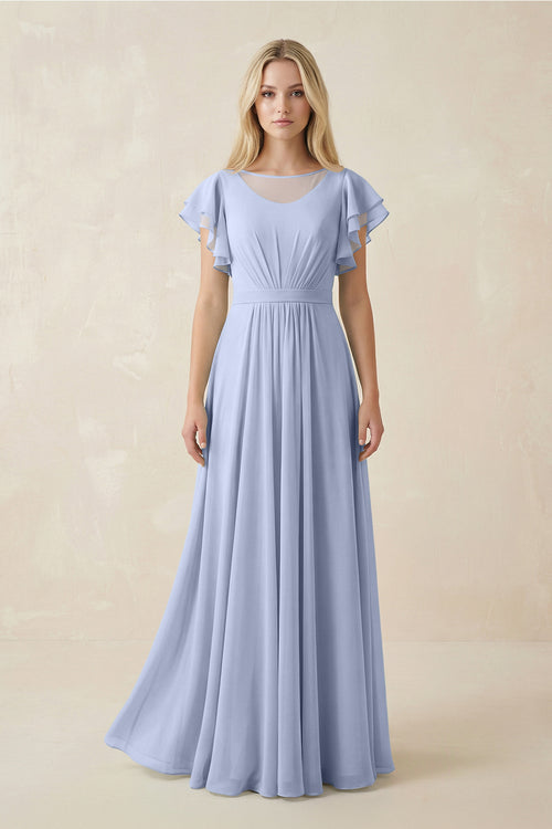 Ice Cap Sleeve Ruffled A-Line Chiffon Bridesmaid Dress | KISSBRIDAL