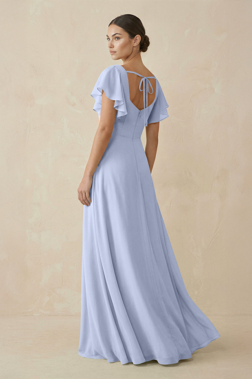 Chiffon A-Line Long Bridesmaid Dress with Flutter Sleeves in Ice