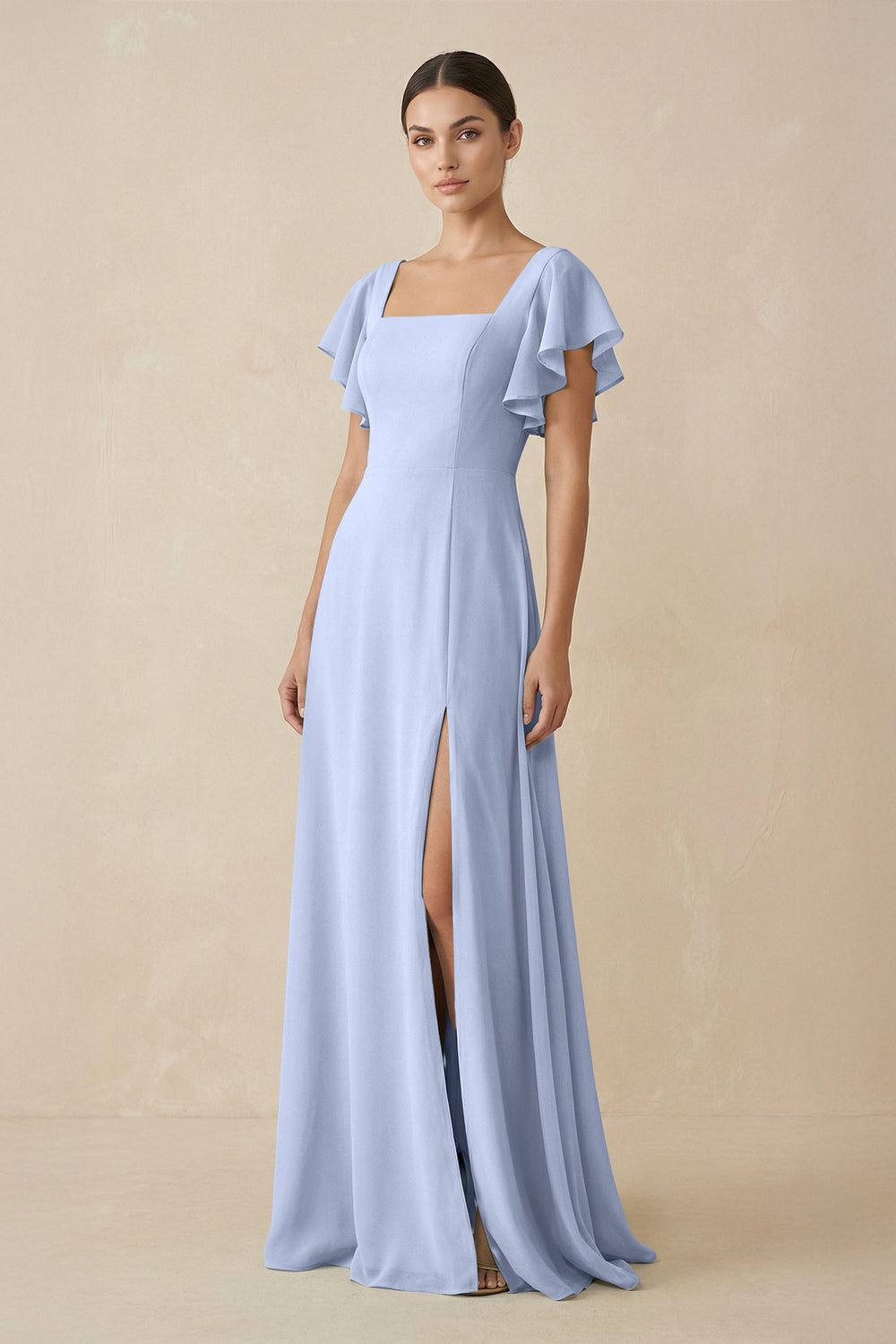 Chiffon A-Line Long Bridesmaid Dress with Flutter Sleeves in Ice