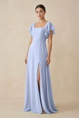 Ice Chiffon A-Line Long Bridesmaid Dress with Flutter Sleeves | KISSBRIDAL