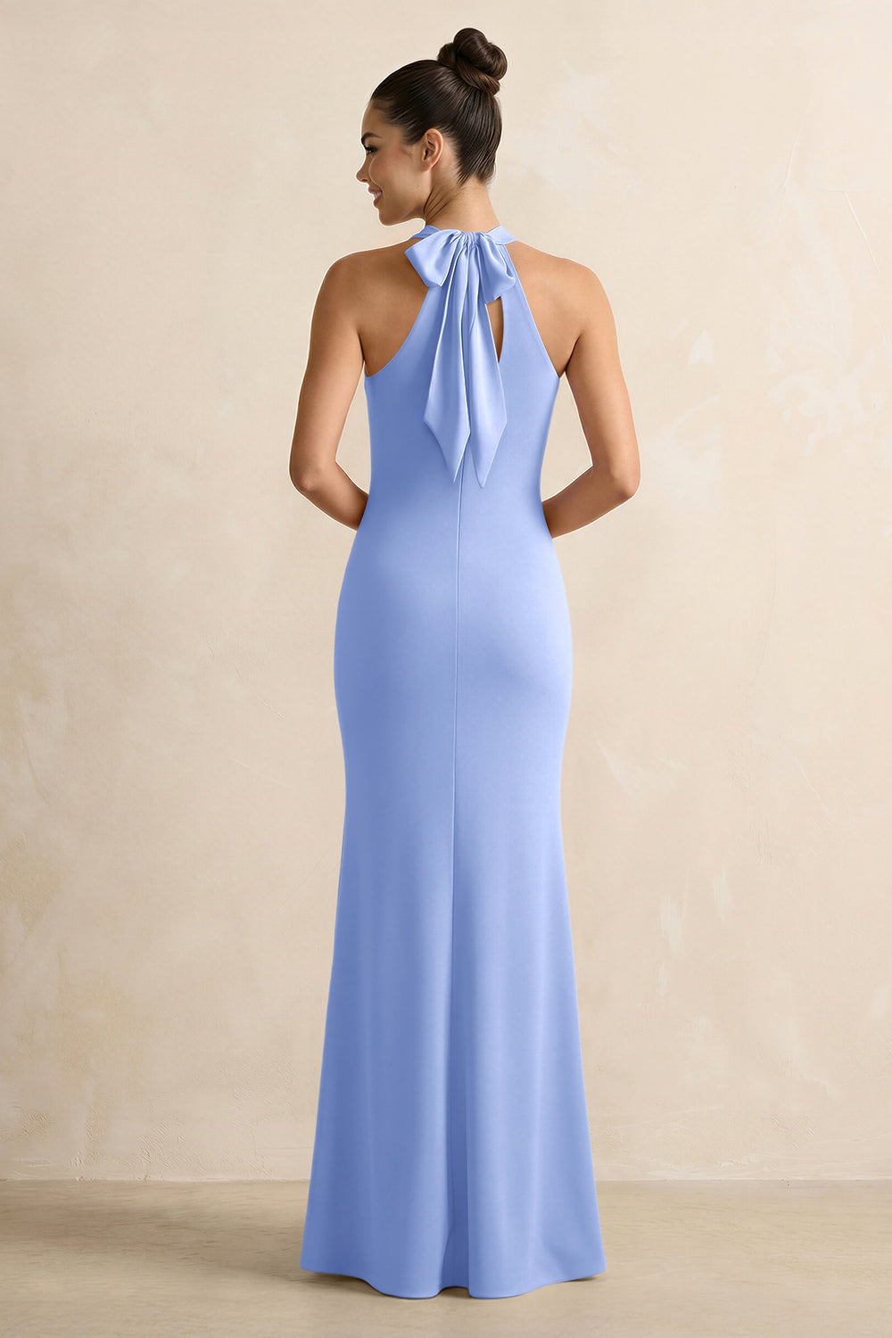 Crisscross Halter Sheath Satin Bridesmaid Dress with Bow in Ice