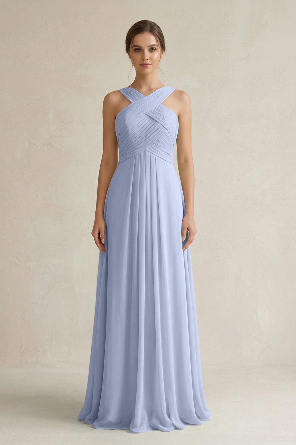 Cross Halter Chiffon A-Line Pleated Bridesmaid Dress in Ice