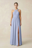 Ice Cross Halter Neck Chiffon A-Line Bridesmaid Dress With Slit | KISSBRIDAL