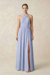 Ice Cross Halter Neck Chiffon A-Line Bridesmaid Dress With Slit | KISSBRIDAL