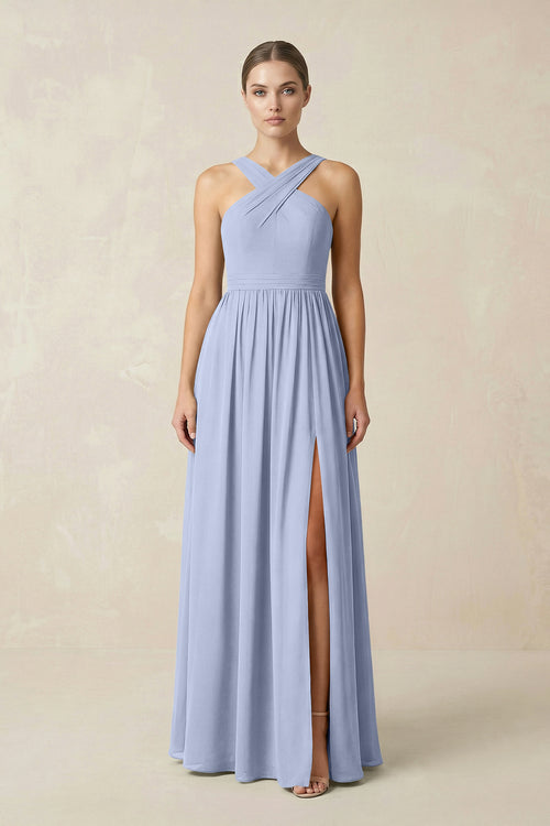 Ice Cross Halter Neck Chiffon A-Line Bridesmaid Dress With Slit | KISSBRIDAL