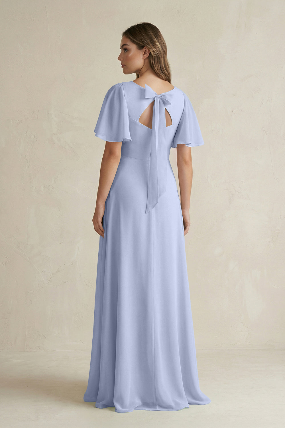 Flutter Sleeve V-Neck A-Line Chiffon Bridesmaid Dress in Ice