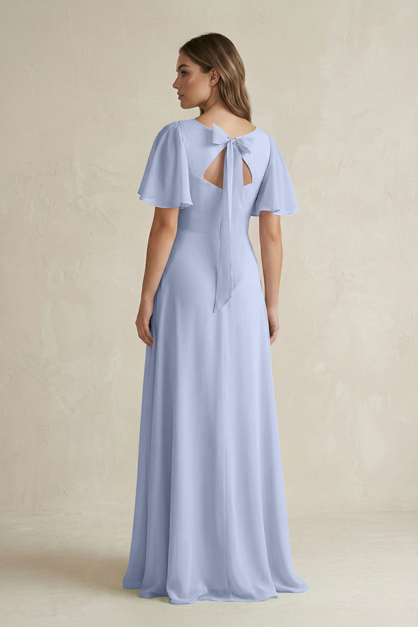 Ice Flutter Sleeve V-Neck A-Line Chiffon Bridesmaid Dress (2) | KISSBRIDAL