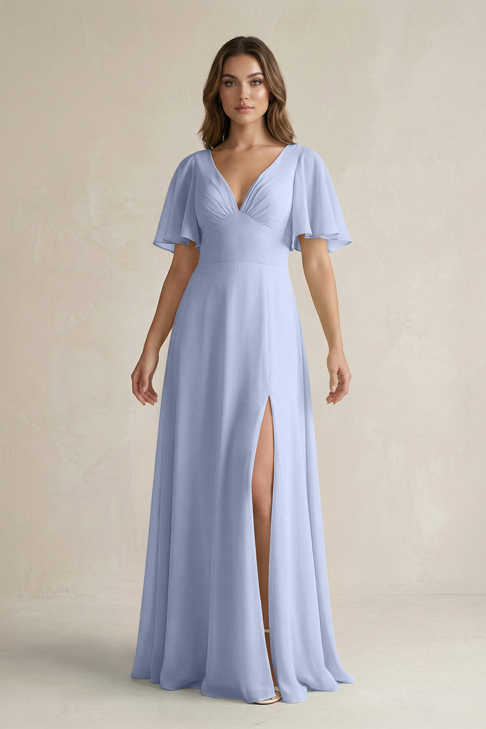 Flutter Sleeve V-Neck A-Line Chiffon Bridesmaid Dress in Ice