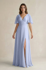 Ice Flutter Sleeve V-Neck A-Line Chiffon Bridesmaid Dress | KISSBRIDAL