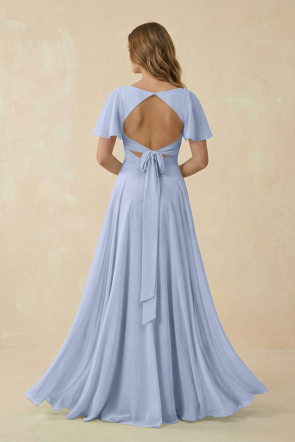 Flutter Sleeve V-Neck Chiffon A-Line Bridesmaid Dress in Ice