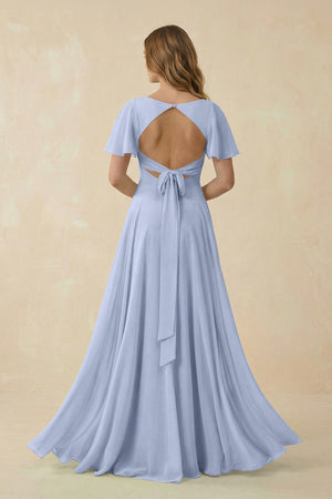 Ice Flutter Sleeve V-Neck Chiffon A-Line Bridesmaid Dress (2) | KISSBRIDAL
