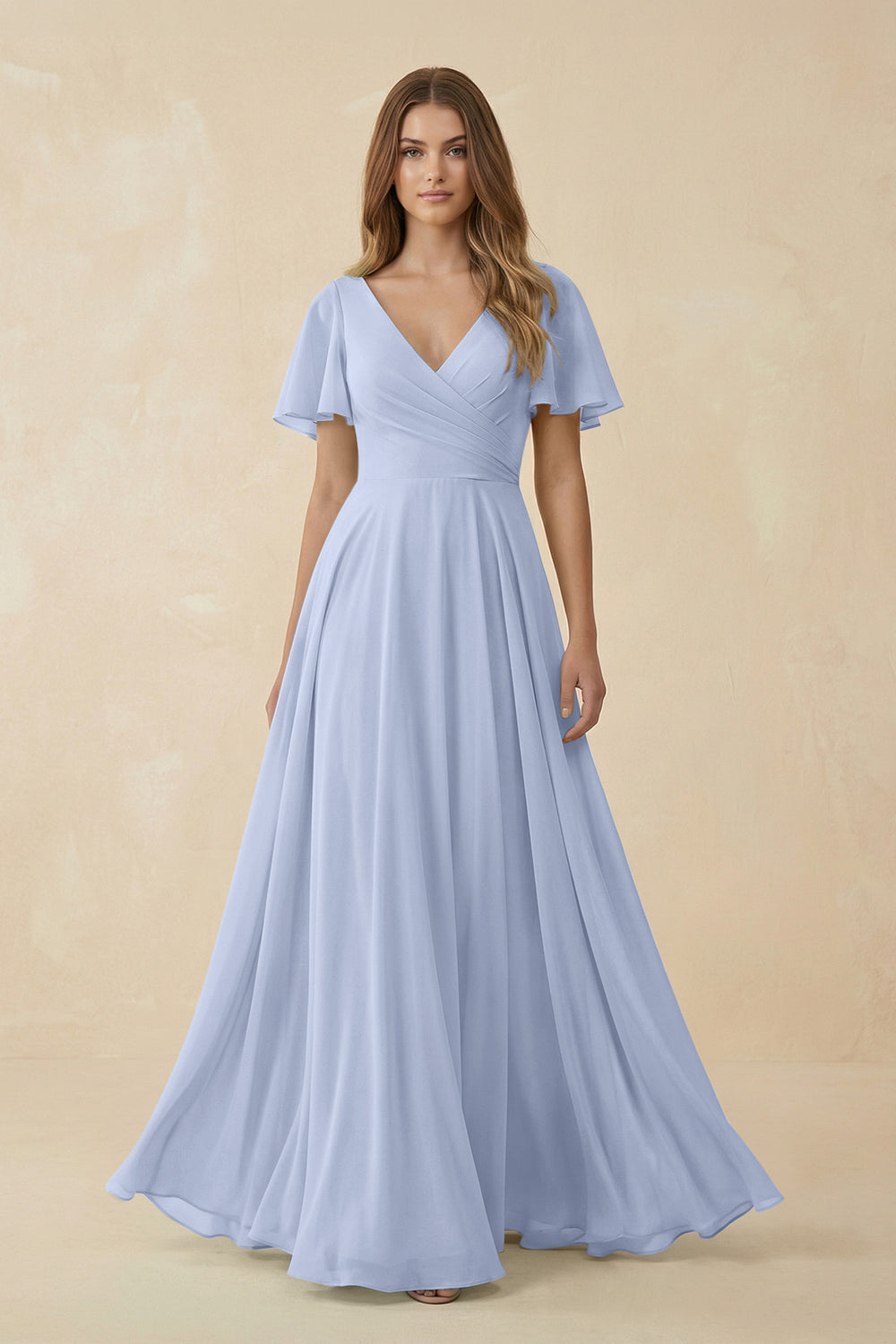Flutter Sleeve V-Neck Chiffon A-Line Bridesmaid Dress in Ice