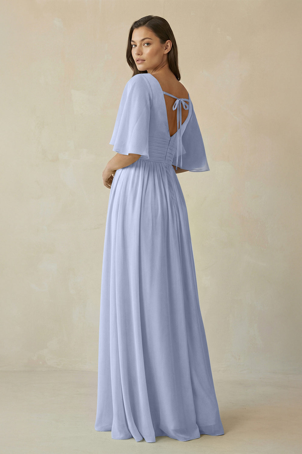 Half Sleeve V-Neck A-Line Chiffon Bridesmaid Gown in Ice