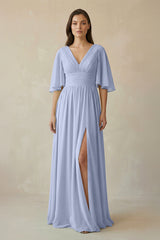 Ice Half Sleeve V-Neck A-Line Chiffon Bridesmaid Gown | KISSBRIDAL
