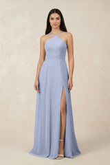 Ice Halter Chiffon A-Line Bridesmaid Dress With Slit | KISSBRIDAL