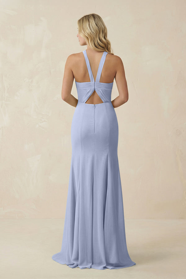 Ice Halter Chiffon Mermaid Ruched Bridesmaid Dress (2) | KISSBRIDAL