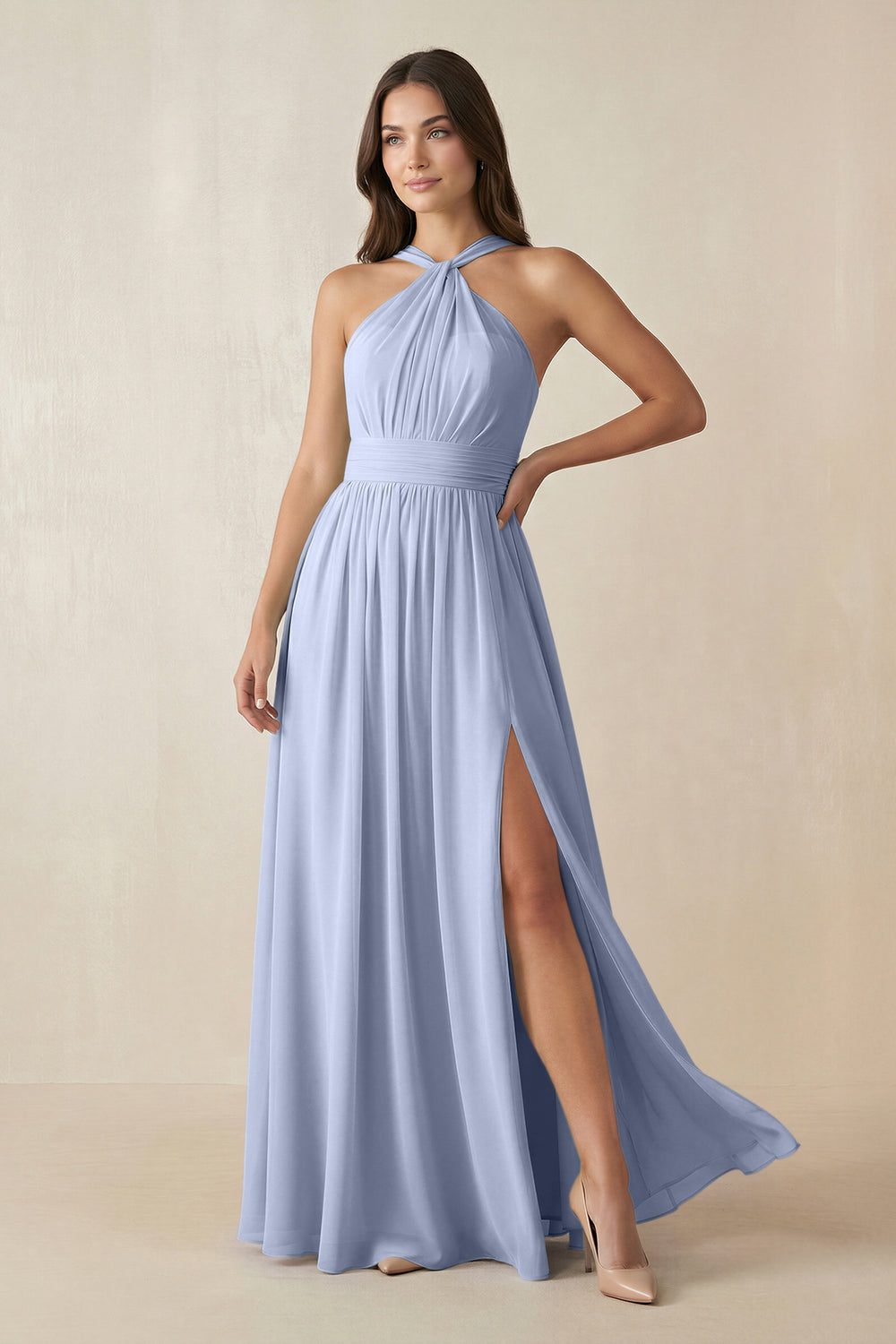Halter Neck Ruched A-Line Chiffon Bridesmaid Dress in Ice