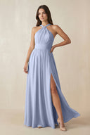 Ice Halter Neck Ruched A-Line Chiffon Bridesmaid Dress | KISSBRIDAL