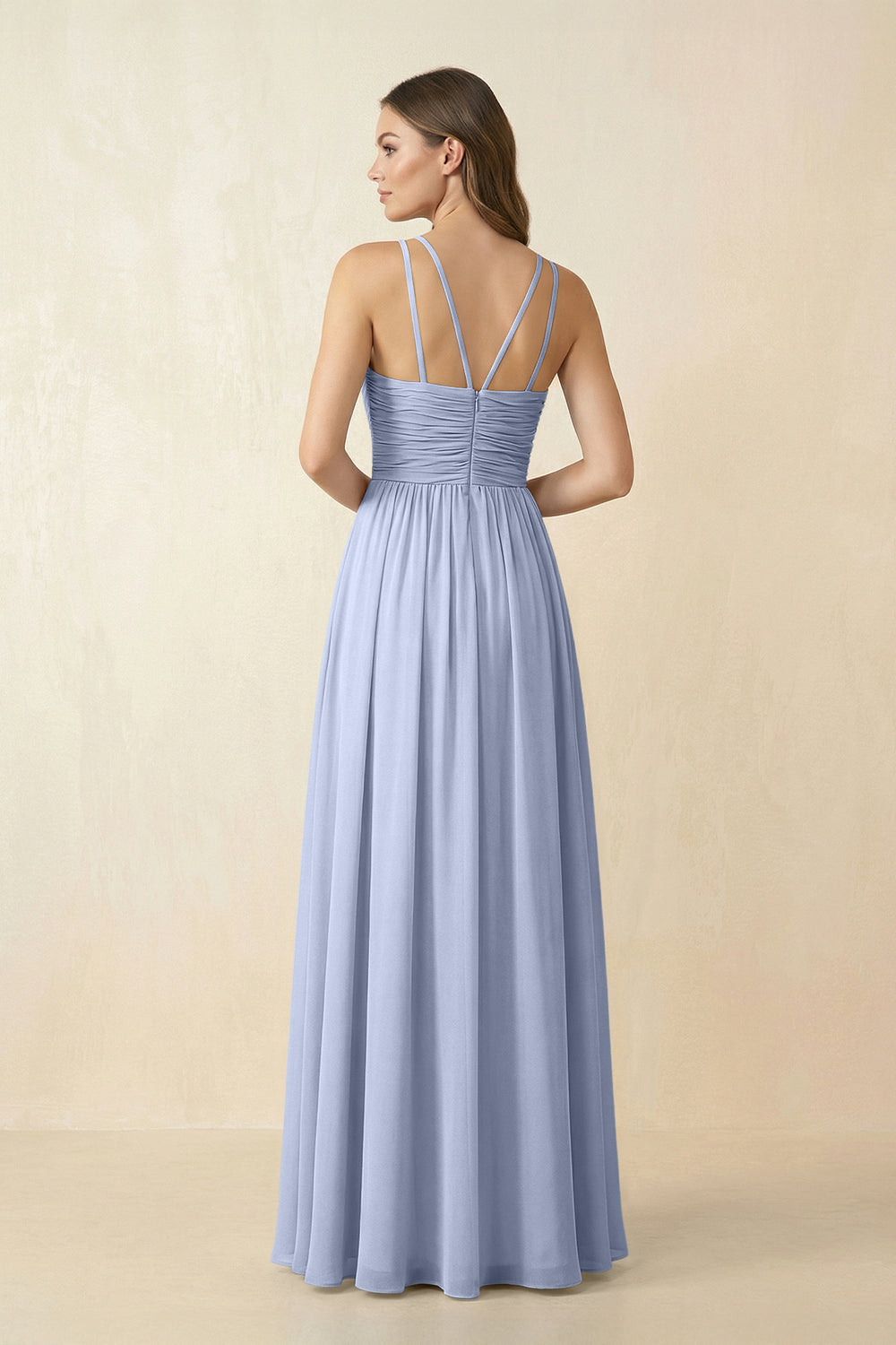 Halter Pleated A-Line Chiffon Bridesmaid Dress in Ice