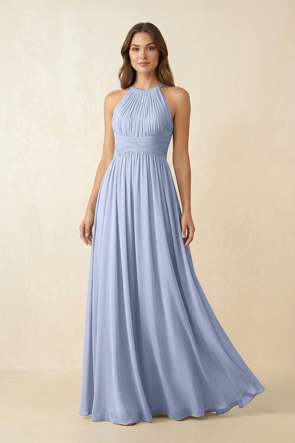 Halter Pleated A-Line Chiffon Bridesmaid Dress in Ice