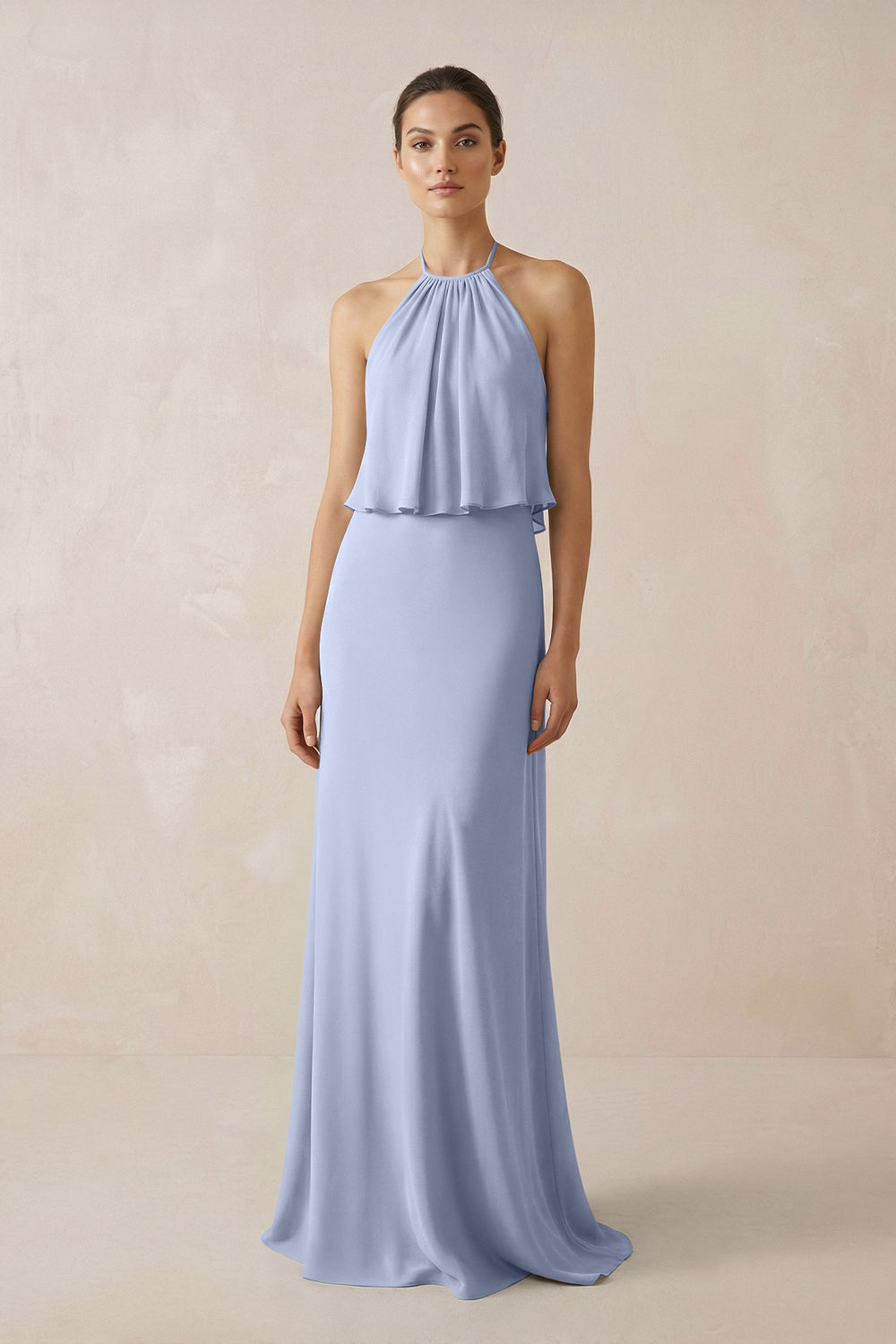 Halter Sheath Ruffled Chiffon Bridesmaid Dress in Ice
