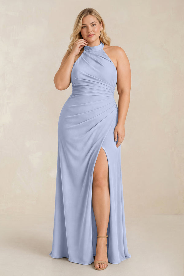 Ice High Neck Chiffon Sheath Ruched Bridesmaid Dress [sizeplus] | KISSBRIDAL
