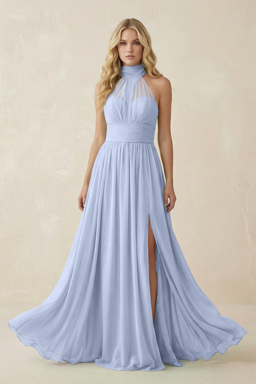 Ice Illusion Halter A-Line Chiffon Bridesmaid Gown | KISSBRIDAL