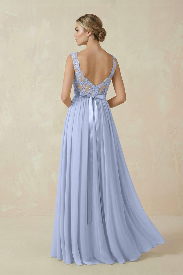 Ice Lace A-Line Bateau Neck Chiffon Long Bridesmaid Dress (2) | KISSBRIDAL