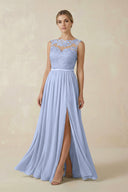 Ice Lace A-Line Bateau Neck Chiffon Long Bridesmaid Dress | KISSBRIDAL
