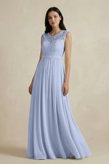 Ice Lace Chiffon A-Line Round Neck Bridesmaid Dress | KISSBRIDAL