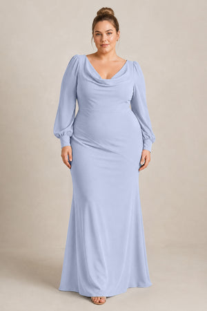 Ice Long Sleeve V-Neck Sheath Chiffon Bridesmaid Dress [sizeplus] | KISSBRIDAL