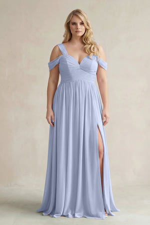 Ice Off-the-Shoulder A-Line Chiffon Bridesmaid Dress With Slit | KISSBRIDAL