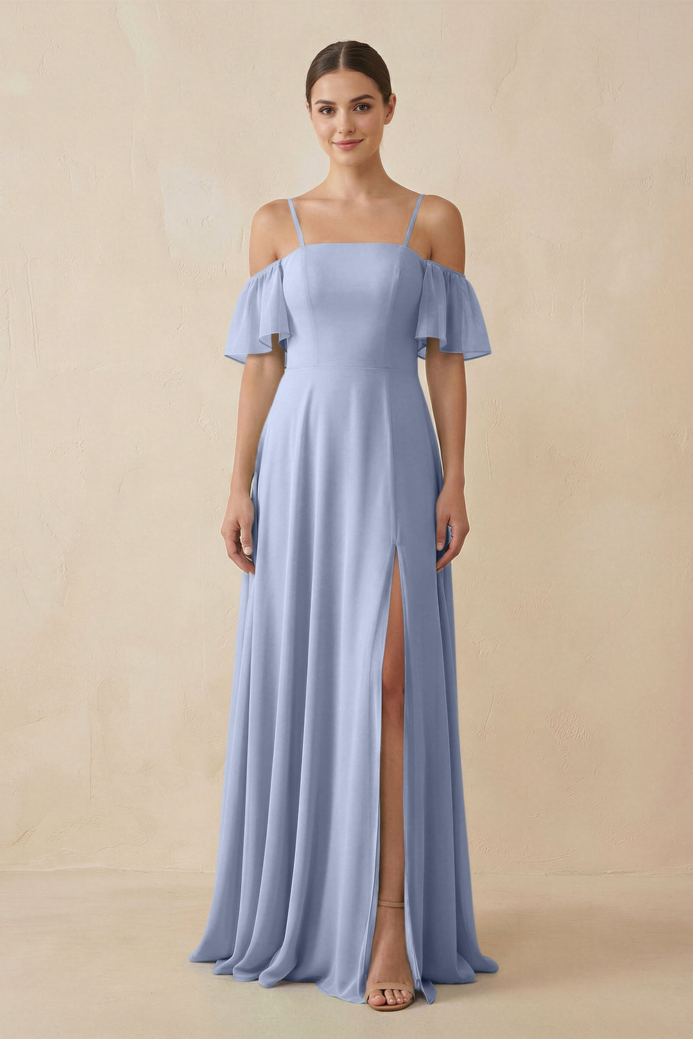 Off-the-Shoulder A-Line Chiffon Bridesmaid Dress in Ice