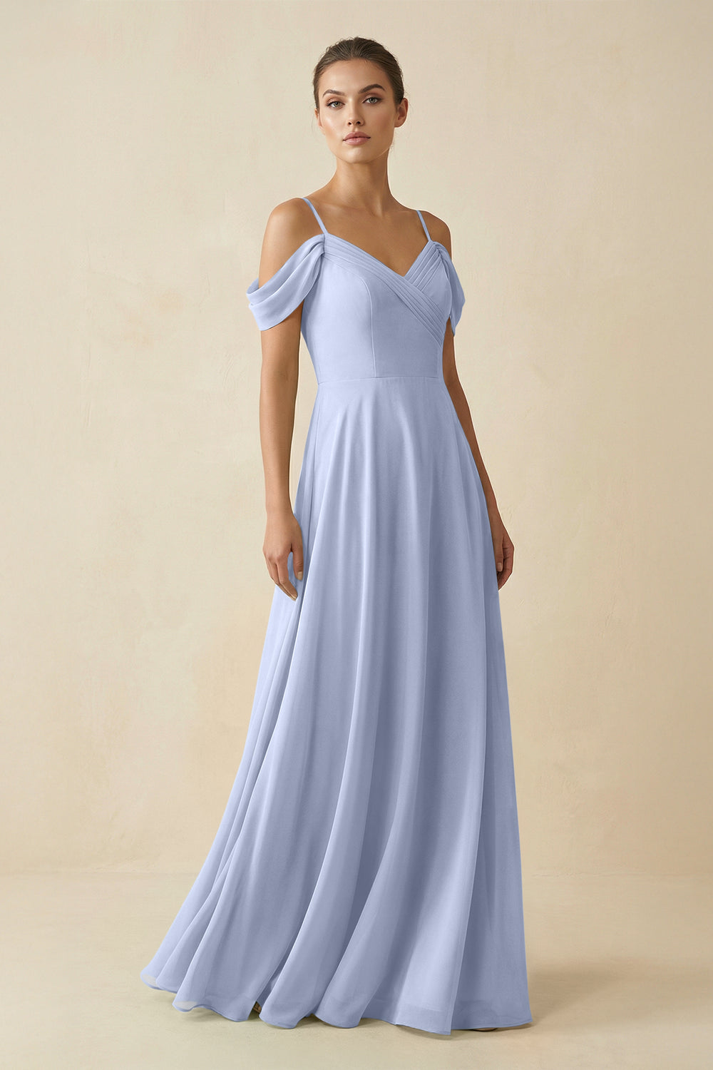 Off-the-Shoulder A-Line Pleated Chiffon Bridesmaid Gown in Ice
