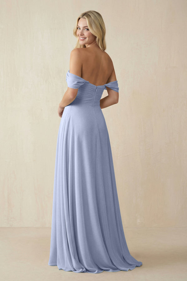 Ice Off-the-Shoulder Chiffon A-Line Long Bridesmaid Dress (2) | KISSBRIDAL